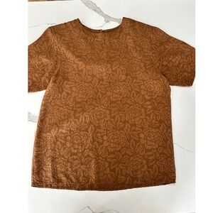 Silk Land Womens 100% Silk Floral Jacquard‎ Short Sleeve Blouse Brown M